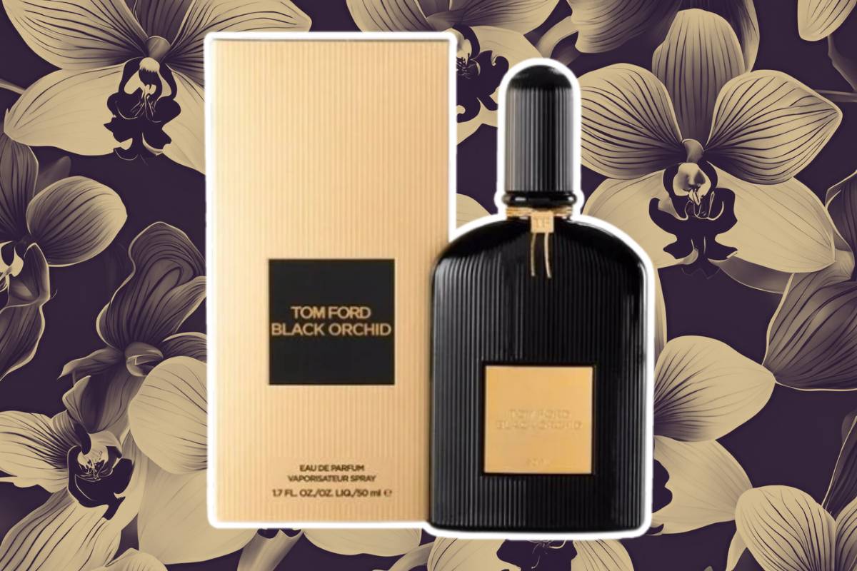 O perfume Black Orchid, de Tom Ford, em um fundo em cor sépia mostrando orquídeas negras